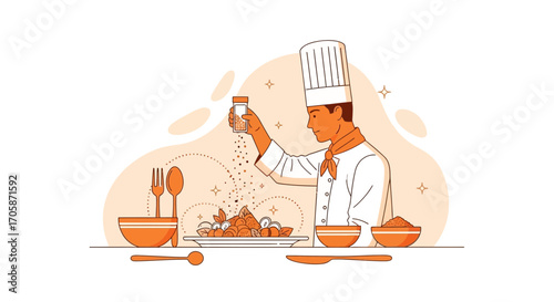 Chef Perfecting Presentation Sprinkling Seasoning Over Gourmet Dish In Modern Illustration Style