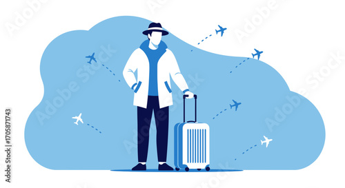 Conceptual Illustration Of A Traveler With Aircraft, Airplane And Rolling Suitcase For Travel
