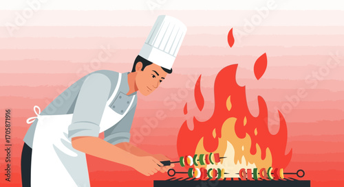 Chef Preparing Barbecue Skewers On The Grill With Flames And Vibrant Background