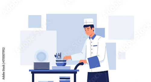 Chef Preparing Crockery And Cutlery In A Clean And Organized Kitchen Setting