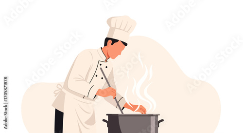 Chef Preparing Cuisine In A Kitchen, Cooking Something In A Pot For Serving Dishes