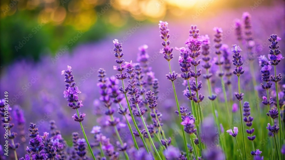 Naklejka premium Serene Lavender Field at Golden Hour A Breathtaking Display of Purple Blossoms Basking in the Warm Sunset Light