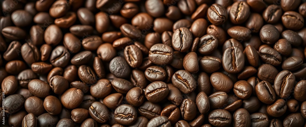 Fototapeta premium Close-up of rich brown coffee beans, showing texture and detail, background, background texture