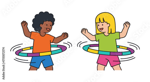 Two Children Playing with Colorful Hula Hoops.