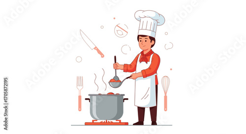 Chef Preparing Delicious Dish Illustration: Culinary Creation and Kitchen Cooking Concept