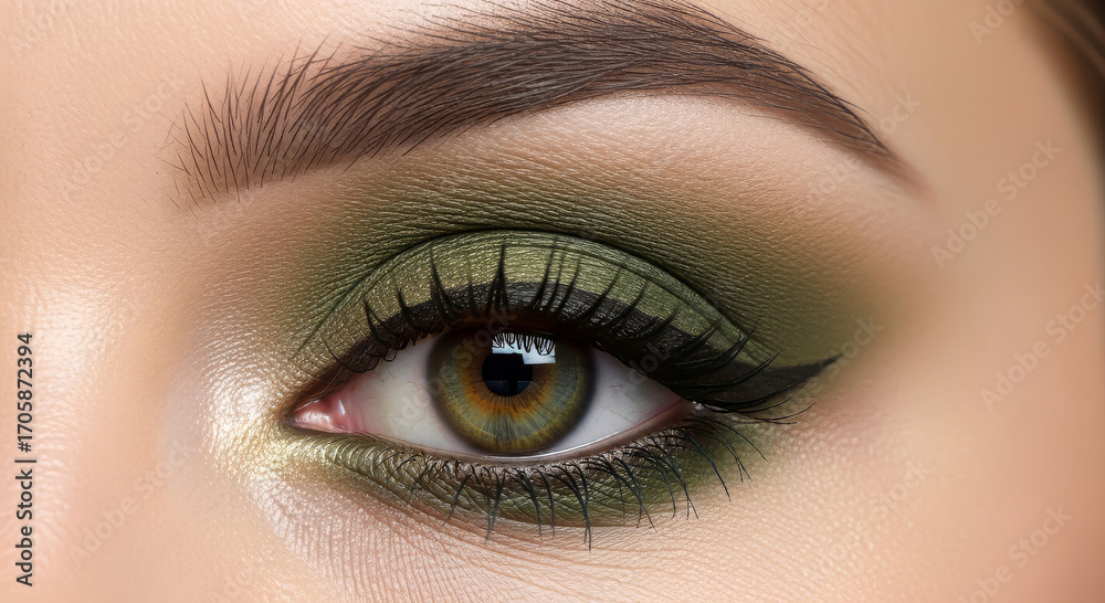 Fototapeta premium A high-detail, professional close-up photograph of a female eye with perfectly blended olive green eyeshadow