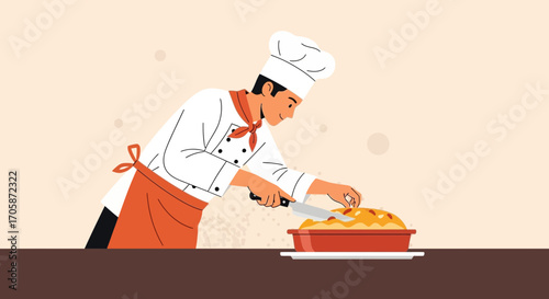 Chef Preparing Delicious Dish Inside Flat Kitchen, Illustration of Man Cooking Food.