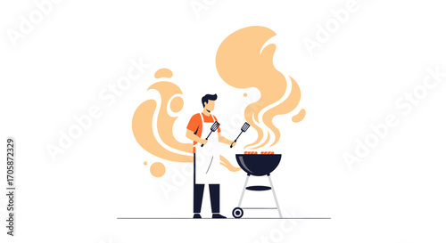 Chef Preparing Delicious Grilled Food, Engaging Vibrant Illustration for Dinner Parties