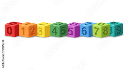 Colorful Numbered Cubes Arranged in a Horizontal Row.