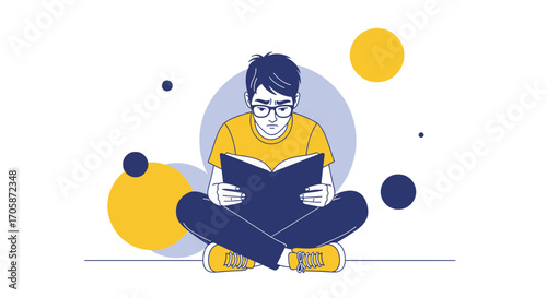 Concerned Reader Immersed In Textual Content Within A Colorful Abstract Frame