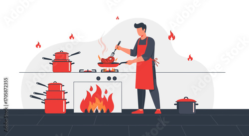 Chef Preparing Delicious Food In A Kitchen With Red Apron And Cooking Utensils In Hand