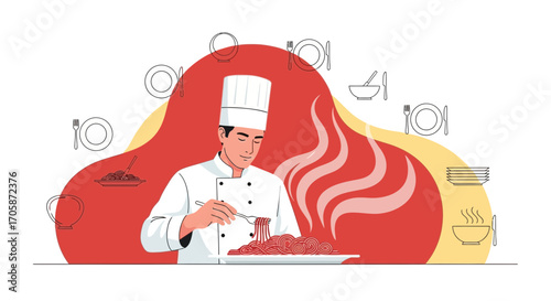 Chef Preparing Delicious Dish of Pasta with Conceptual Elements and Pleasant Colors