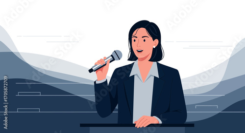 Confident Woman Delivering Speech with Microphone on Stage Depicts Communication Skill