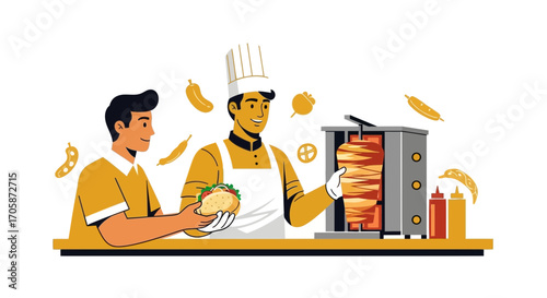 Chef Preparing Delicious Shawarma Sandwich For Customer In A Modern Kitchen Illustration