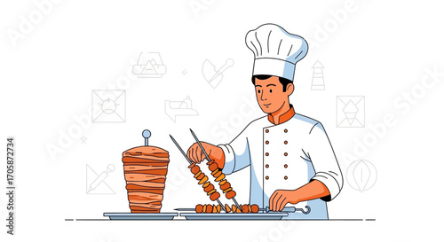 Chef Preparing Delicious Skewers and Shawarma for Culinary Delight Vector Illustration