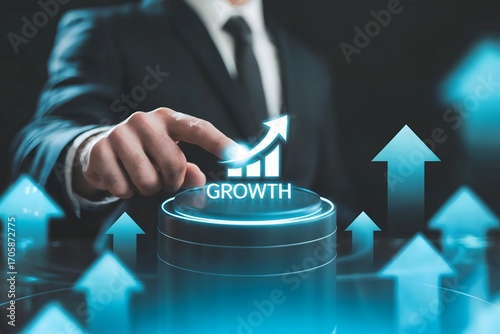 Hand touching GROWTH button representing business growth