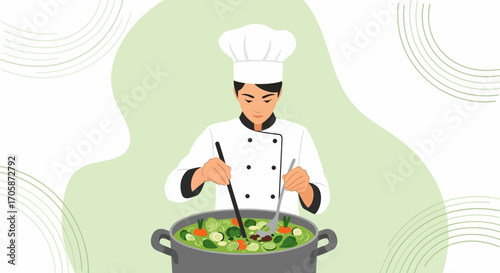Chef Preparing Delicious Soup With Fresh Ingredients in Elegant Kitchen Setting