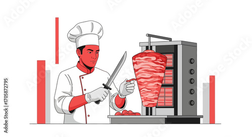 Chef Preparing Delicious Street Food with Vertical Rotisserie: A Culinary Illustration