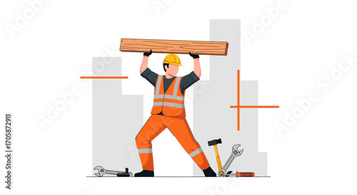 Construction Worker Demonstrating Labor with Plank and Essential Tools on White Background