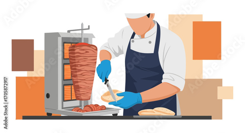 Chef Preparing Doner Kebab Slices, Serving Delicious Turkish Cuisine for Restaurant Guests