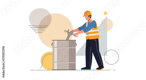 Construction Worker Fixing Barrel, Creating Safety in Modern, Colorful Style