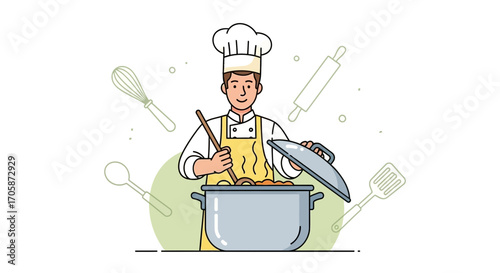 Chef Preparing Food Illustrated with Cooking Utensils in a Modern, Colorful Illustration