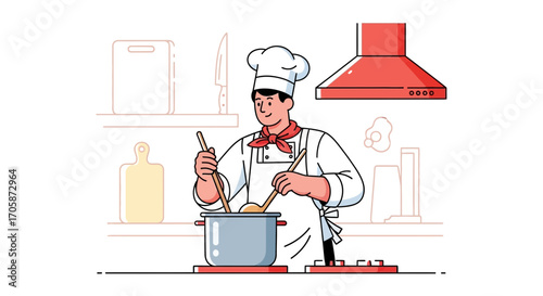 Chef Preparing Food In A Kitchen, Cartoonish Style, Bright And Cheerful Illustration