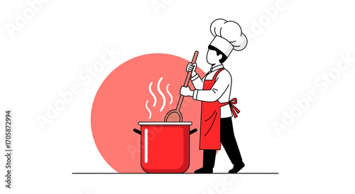 Chef Preparing Food In Kitchen, Cartoon Illustration Of Cooking Cookery In Action