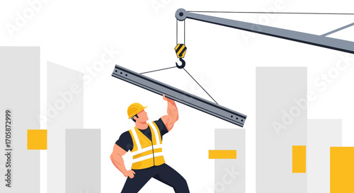 Construction Worker Uses Crane To Hoist Steel I-Beam For Building A Skyscraper