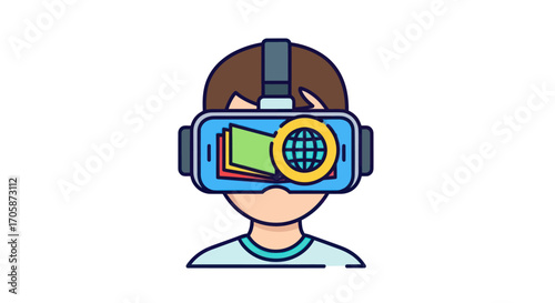 A colorful cartoon icon of a person using a VR headset for global digital transactions.
