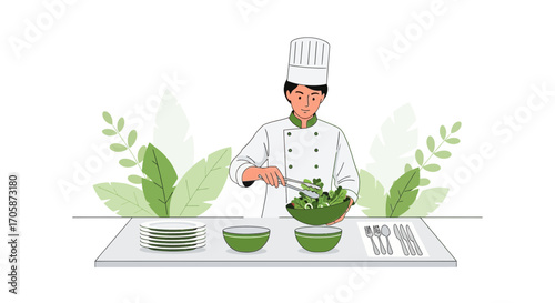 Chef Preparing Fresh Salad in Kitchen, Simple Illustration, Healthy Meal Concept