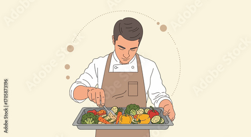 Chef Preparing Fresh Vegetables for Cooking, Delicious Food Illustration in Kitchen