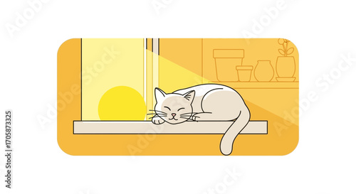 Contented Cat Relaxing on a Sunny Windowsill, Perfect Relaxation Illustration