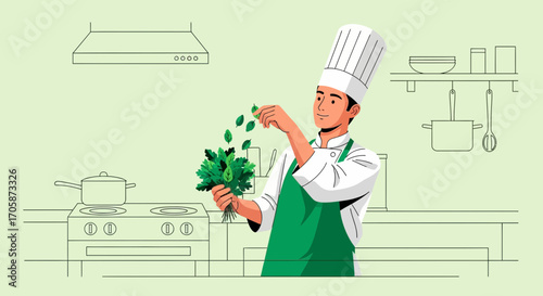 Chef Preparing Herbs in Kitchen, Illustration of Culinary Art and Flavorful Dishes