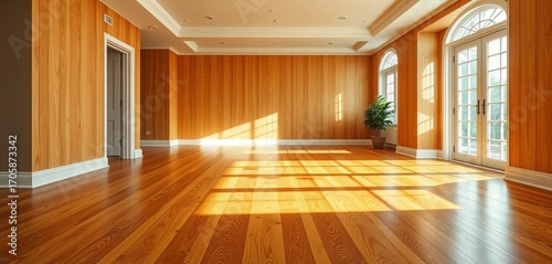 Warm, honey-toned oak hardwood flooring gleaming under soft light,   pale wood,  background