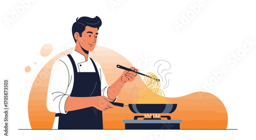 Chef Preparing Pasta Dish in Kitchen, Featuring Modern Illustration and Stylish Design
