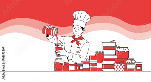 Chef Preparing Preserved Foods, Canning Jars And Canned Goods For Storage And Stocking