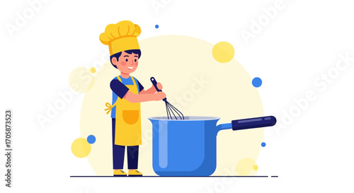 Chef Preparing Sauce, Vector Illustration Of A Smiling Boy Cooking In The Kitchen
