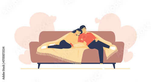 Couple Cuddled Together on a Sofa Beneath a Blanket, Romantic Scene of Relaxation