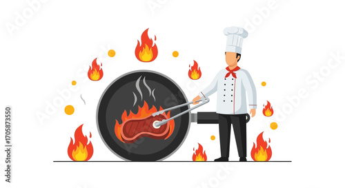 Chef Preparing Sizzling Steak Amidst Flames Using Culinary Tongs and Frying Pan