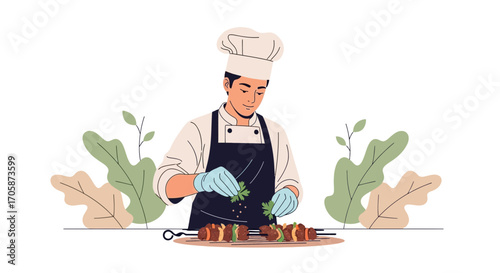Chef Preparing Skewers With Herbs, Presentation, And Garnishing In a Minimalist Design