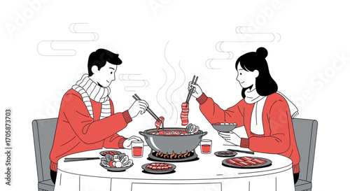 Couple Enjoying Hot Pot Together: A Delightful Dining Experience In Vector Form