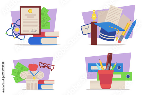 Various education-related items arranged in collection including books, awards, graduation cap, and stationery. Perfect for academic themes and learning topics