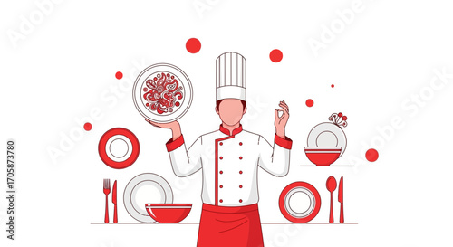 Chef Presenting Culinary Masterpiece On Plate With Detailed Abstract Dishes Design