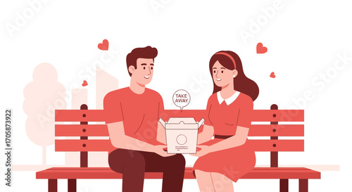Couple Enjoying Takeaway Food Outdoors, Sharing Meal During Romantic Date with Hearts Present