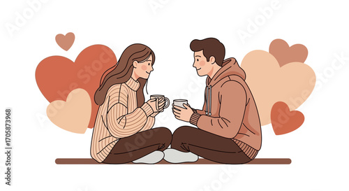 Couple Enjoying Warm Beverages Amidst Heart Symbols Depicting Connection and Affection
