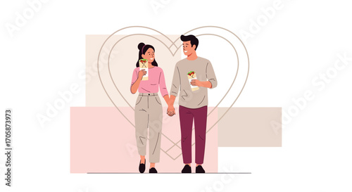 Couple Enjoying Wraps, Expressing Love, Walking Together With A Heart Backdrop