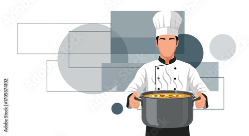 Chef Presenting Delicious Soup In Pot With Modern Geometric Backdrop Design