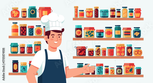 Chef Presenting Diverse Preserves Collection On Shelves With A Cheerful Demeanor