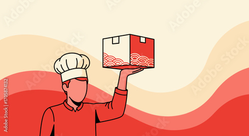 Chef Presenting Food Box with Stylish Design and Dynamic Background for Food Marketing